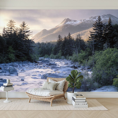 Papier peint adhésif auto-adhésif moderne l 96 "x H 69" pour chambre à coucher River White Mountains New Hampshire Forest Dawn