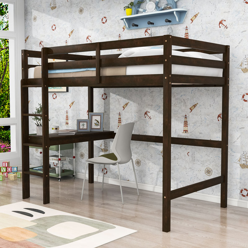 Twin Wood Loft Bed With Built-In Desk, Guardrail And Ladder, Espresso