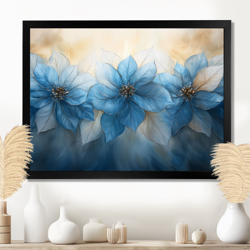 Velours bleu poinsettias Yuletide Blossom II - art mural sur toile poinsettias, H 30 po x l 40 po, Cadre simple noir