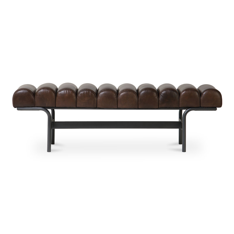 Banc rembourré en cuir véritable Penina, Cuir véritable brun foncé à grain supérieur