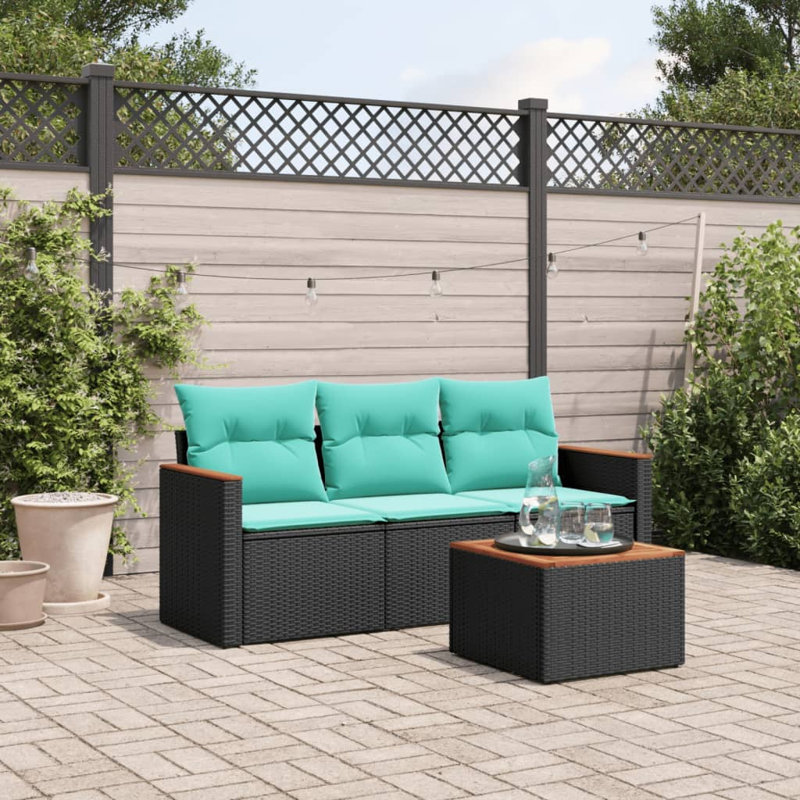 4 Piece Patio Sofa Set With Cushions Poly Rattan, Black, Light Blue