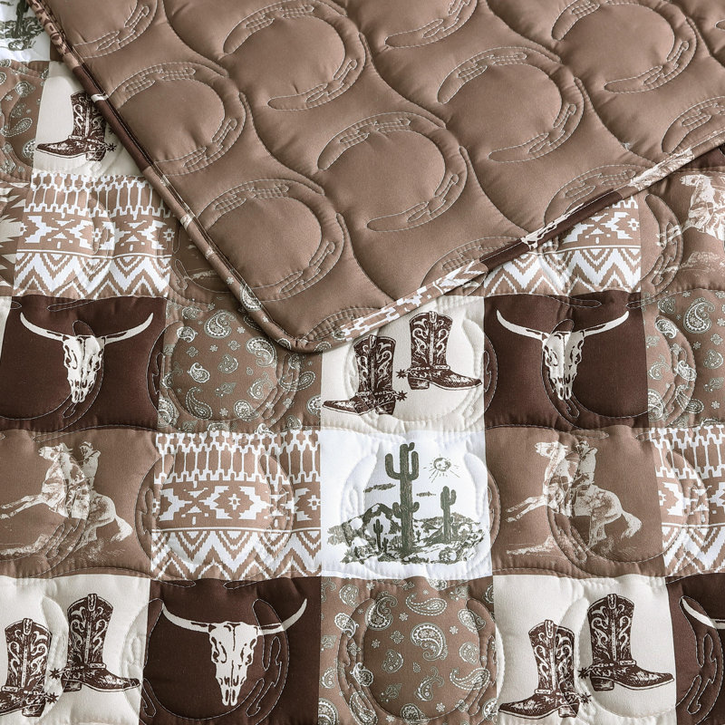 Ensemble de courtepointe réversible brun Wrangler Fall Western Patch, Grand lit