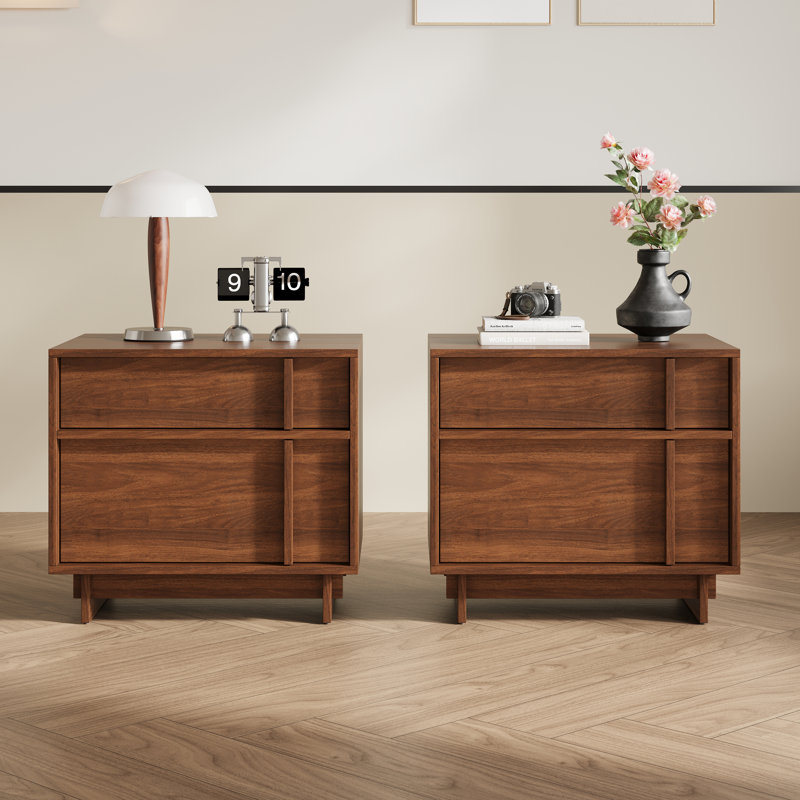 Ensemble de 2 tables de chevet Mid-Century, table de chevet grain de bois avec tiroirs à fermeture en douceur, table de bout de chambre à coucher moderne avec base renforcée, disponible en 3 couleurs