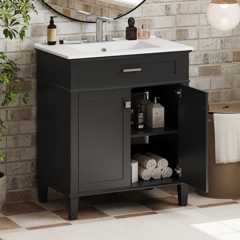 Meuble-lavabo de 30 pouces avec lavabo en céramique, porte à fermeture en douceur et tablettes réglables