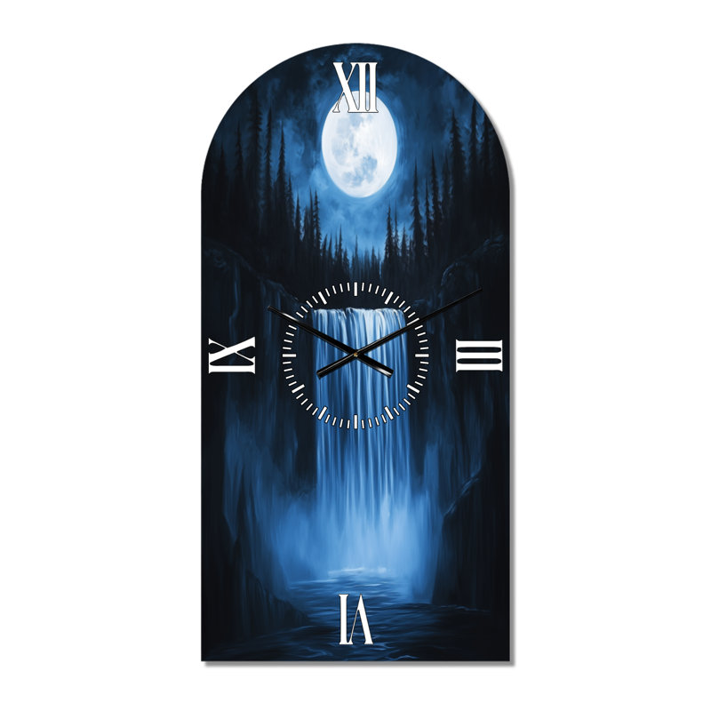 Chutes de la forêt au clair de lune - Horloge murale rustique en métal à arche, H 39 po x l 19 po - Arche