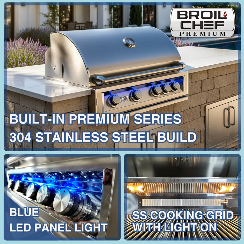 BroilChef Premium Stainless Steel 32-Inch Built-In Gas Grill, 4 Main Burners With Rear Burner (Round Lid, Ambient Lights)