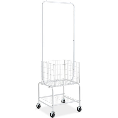 Metal Rolling Laundry Basket with Hanging Garment Rack, Height Adjustment Laundry Hamper Cart with Basket Load and Shelf Load, Storage Organizer with Heavy Duty Lockable Wheels