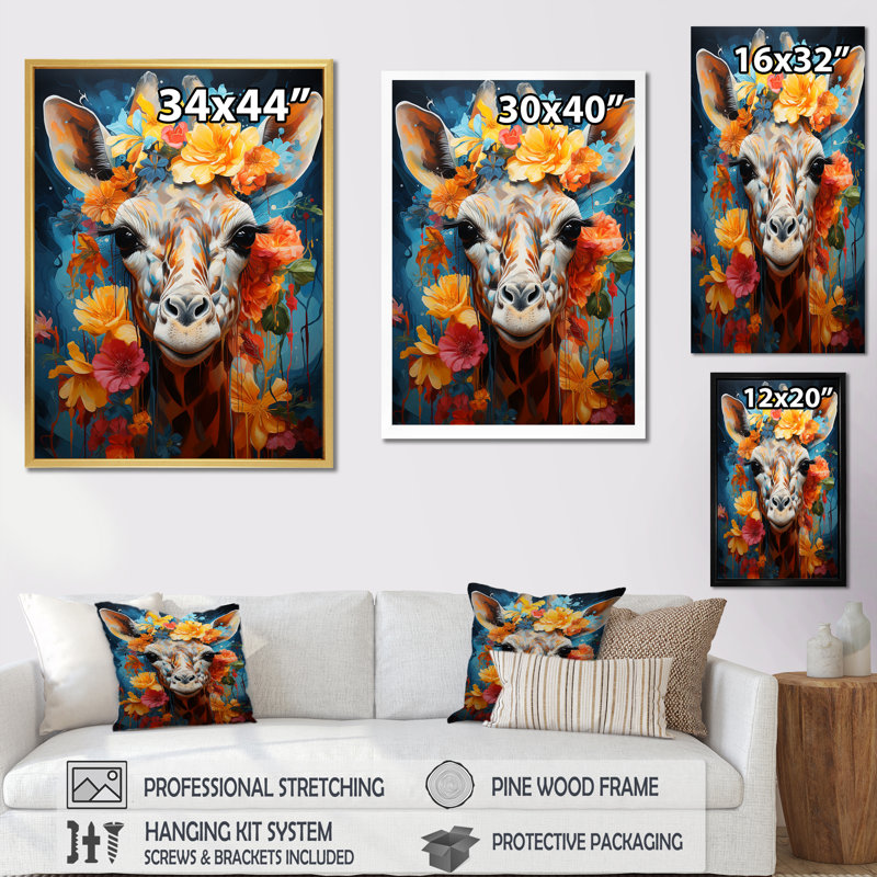 «Cute Floral Giraffe Happiness I», reproduction, Cadre simple noir, H 32 po x l 16 po x P 1 po