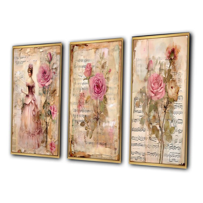 Victorian Lady Roses, ensemble de 3 reproductions d'art - Victorian Lady Pink Roses, Cadre flottant doré, H 32 po x l 48 po