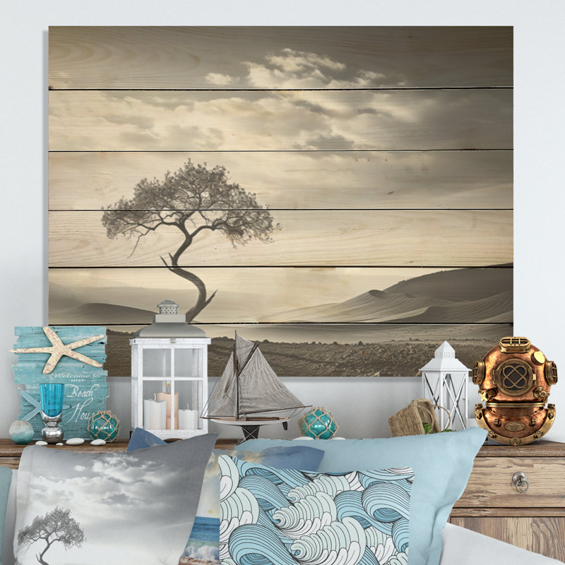 «Desert Solitude Tree Vision» - art mural sur bois de pin côtier naturel, H 30 po x l 40 po