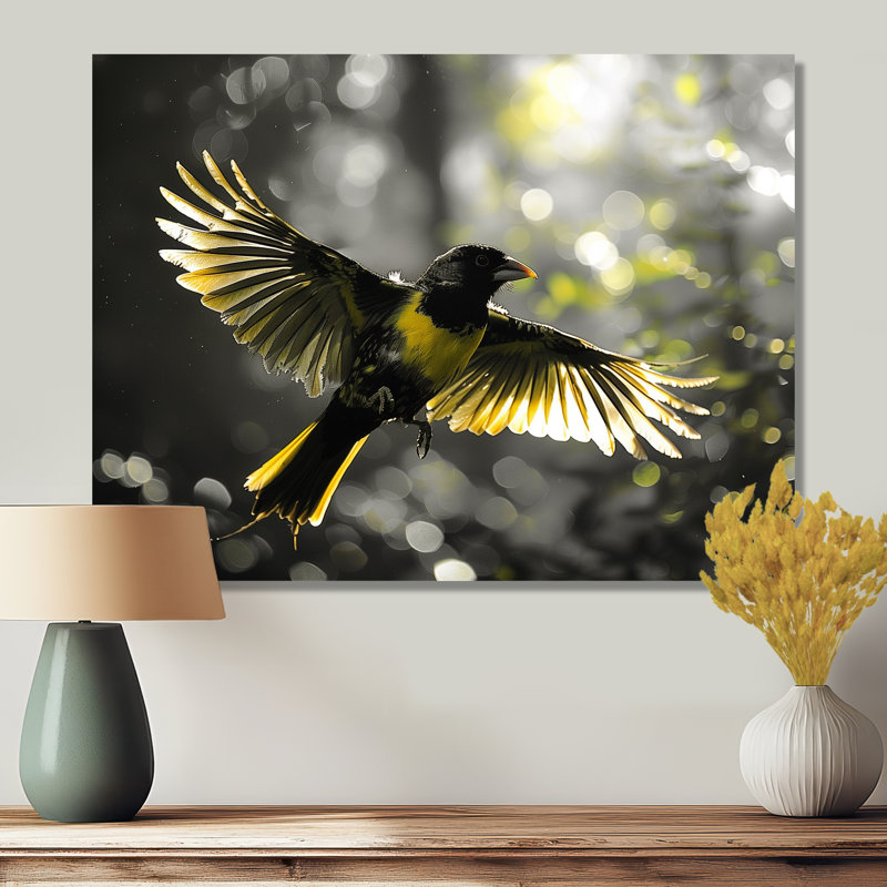 Jaune, noir, rythme de la forêt tropicale, oiseau II, Métal métal, H 16 po x l 32 po x P 1 po
