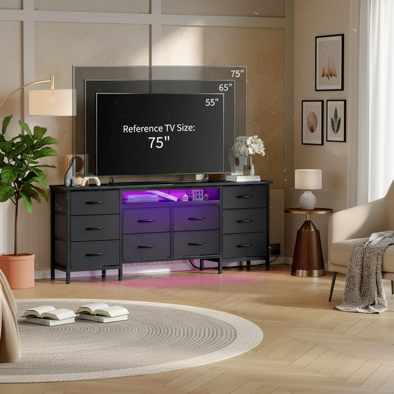 10 Fabric Drawers Long Dresser, Up To 75 Inch Tvs, Black