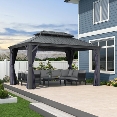 Pavillon de jardin en aluminium mauve à toit rigide avec toit double en acier galvanisé pour la cour et le jardin, rideaux et filet inclus