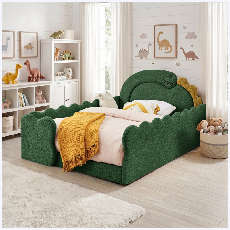 Lit double en forme de dinosaure avec barrière de sécurité, cadre en bois massif, tissu bouclé, vert, Vert