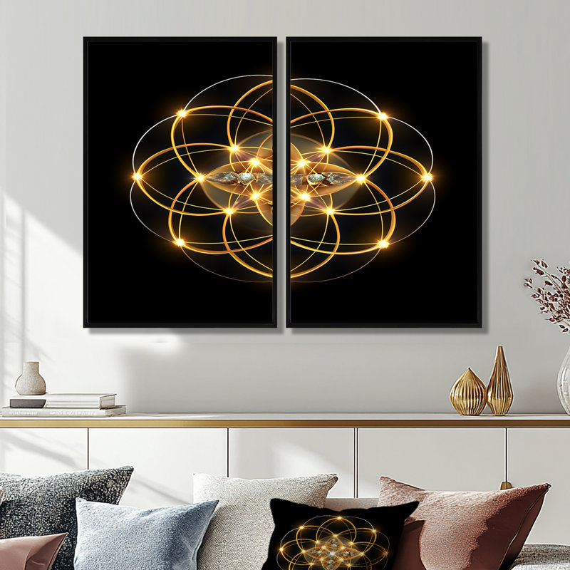 Connaissant la géométrie sacrée dorée sur fond noir - art abstrait géométrique, Black, 36" H x 48" W