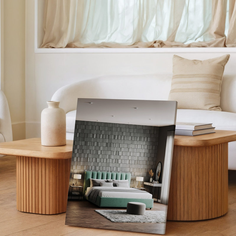 Toile, intérieur de chambre à coucher moderne monochrome avec art mural tapissier moelleux et tête de lit vert pâle