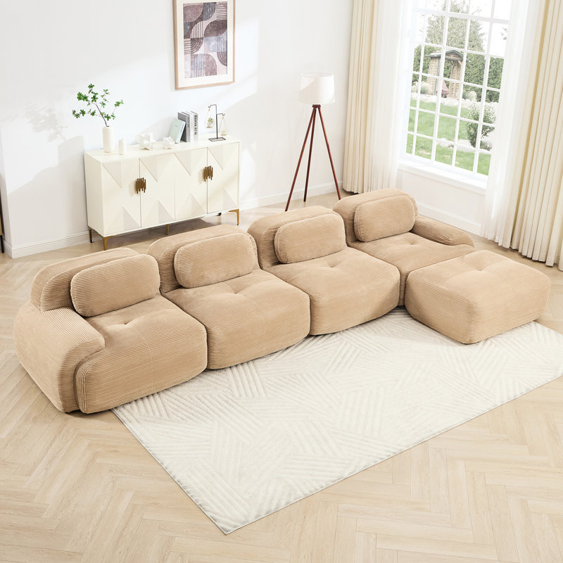 Canapé d'angle en forme de L avec revêtement en velours côtelé, mousse 32D, forme incurvée, structure antidérapante, aucun assemblage requis pour la maison