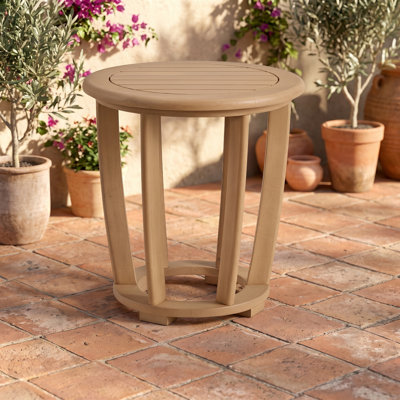 Table d'appoint d'extérieur Orris - Table ronde de 50 cm (19,7 po) en bois d'eucalyptus résistant aux intempéries avec plateau à lattes - Mobilier d'extérieur moderne pour patio, véranda, terrasse ou bord de piscine (Naturel)