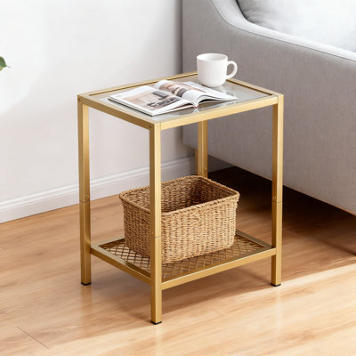 Modern 2-Tier Glass Side Table With Metal Frame - Space-Saving End Table With Storage Shelf For Bedroom And Living Room