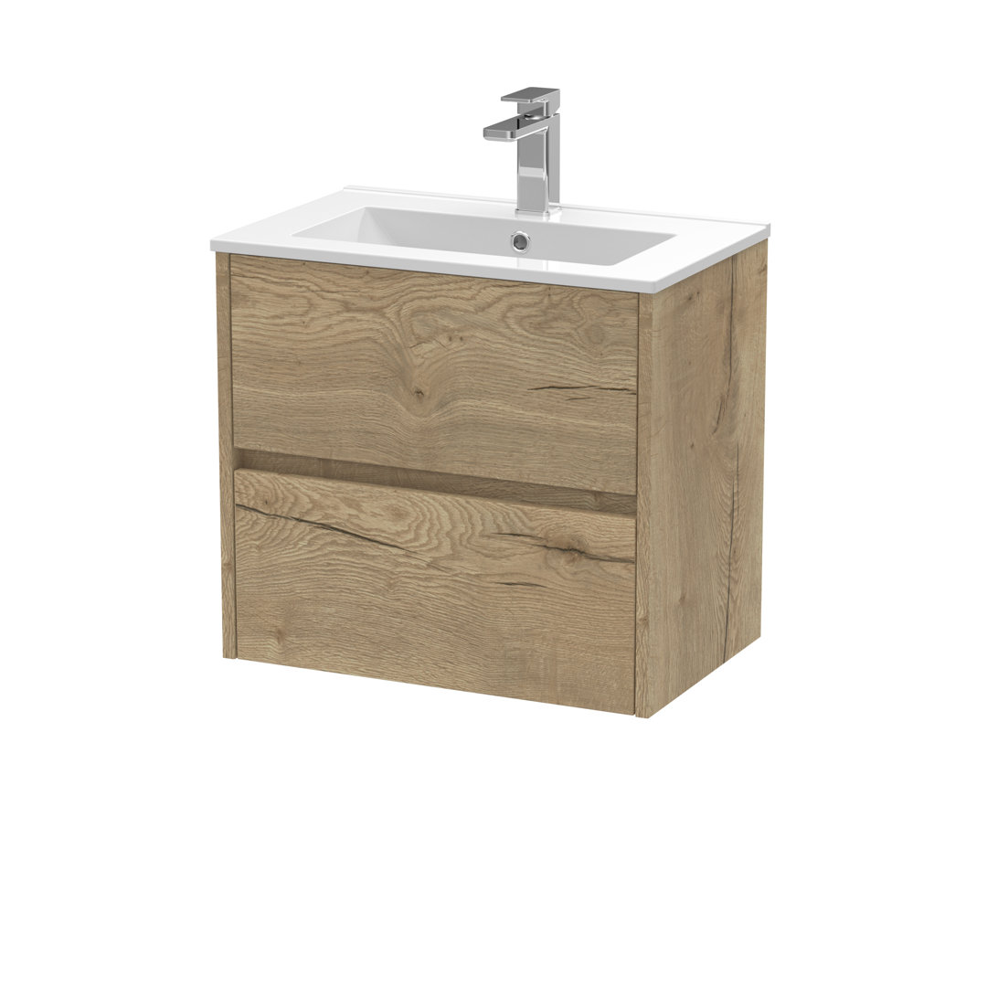 B&Q - Havana Wall Hung 2 Drawer Vanity Basin Unit & Minimalist Ceramic BasinModern Sink Vanity Unit In Autumn Oak With White - Image 2