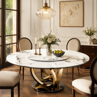 59" Round Dining Table with 360° Rotating Lazy Susan - Scratch/Heat-Resistant Sintered Stone Tabletop, for Dining Room, Kitchen, Dinette, Compact Space(Table Only)
