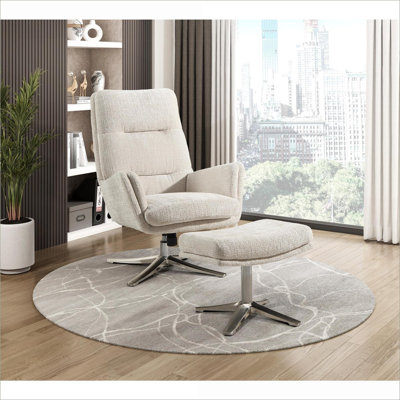 Fauteuil d'appoint pivotant en chenille beige avec repose-pieds pour adultes, base en métal argenté brossé, sièges d'appoint élégants