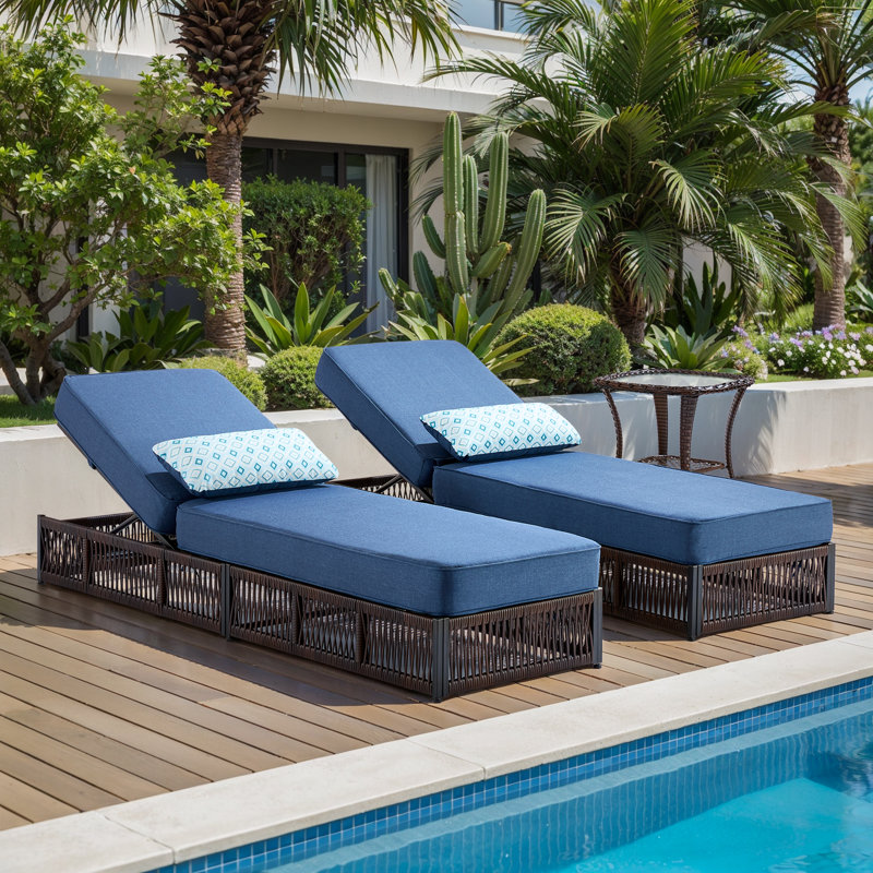 Clybourn Outdoor Patio Swimming Pool Adjustable Wicker Chaise Lounge Chair With Side Table, Blue
