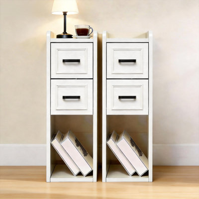 Narrow Nightstand Set Of 2, Modern White Bedside Table With Drawers & Open Shelf, Modern End Table For Bedroom Small Spaces, Apartments, Renters