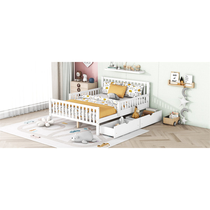 Full Size Bed, Wood Platform Bed With Guardrails On Both Sides And 2 Storage Drawers, No Box Spring Needed, White