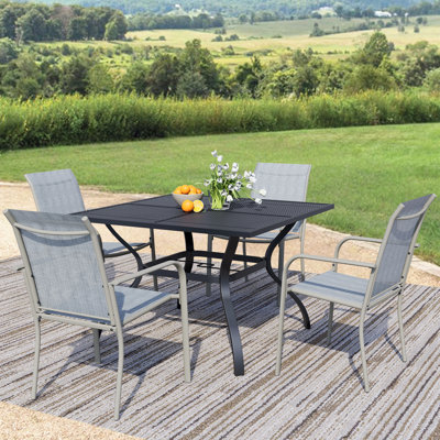 5-Piece Outdoor Dining Set, Square Metal Table With 4 Beige Chairs, Black Patio Table With Umbrella Hole For Garden, Yard, Patio