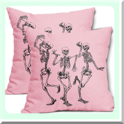 Skeleton Chic Pillow Covers - Set of 2 Funny Vintage Pink Cushion Cases for Autumn Home Decor. Cotton Linen Sofa Patio Porch Outdoor.