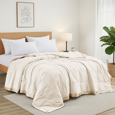 Goose Feather Fiber & Down Blanket, All-Season Bedding Comforter with Satin Trim - Soft Breathable Shell - for Layering - Machine Washable