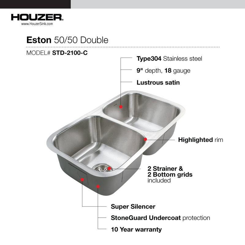 Évier de cuisine à double cuve encastrable en acier inoxydable 50/50 avec crépine Houzer, Grid-STD-2100-C