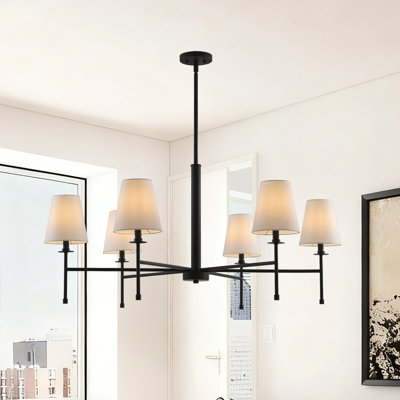 Lustre 6 lumières noir Icare avec abat-jour en tissu blanc Icare