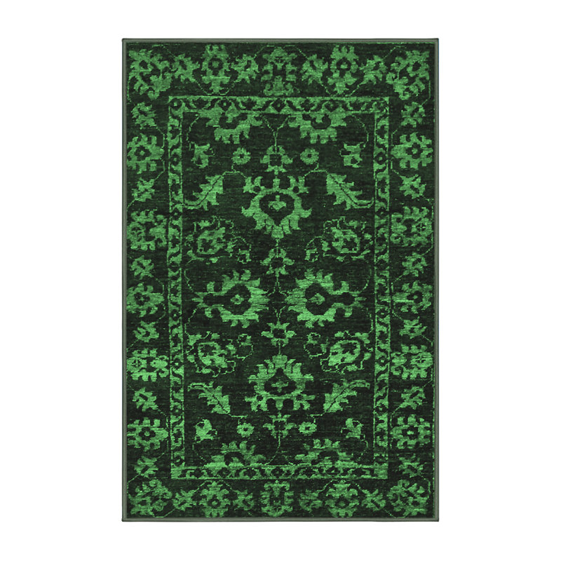 Tapis oriental en laine / polyester tissé à la machine en vert / noir, Rectangle 2 pi x 3 pi