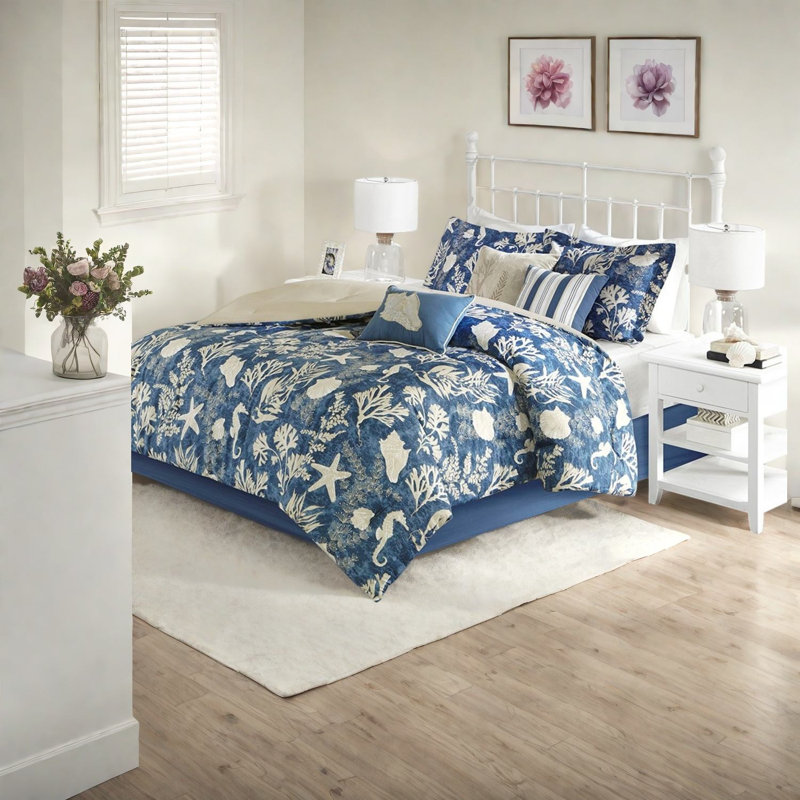 Premium Cotton Sateen Bedding Set, Queen Size Coastal Blue For Home