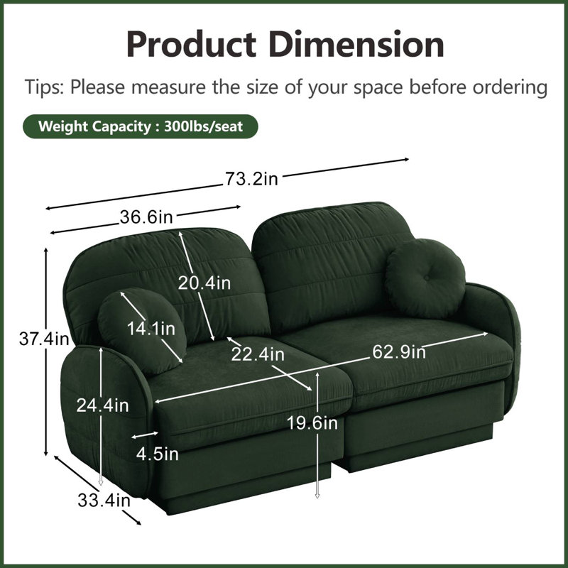 Canapé en chenille Cloud, H 37,4 po x l 73,2 po x P 33,4 po, Vert