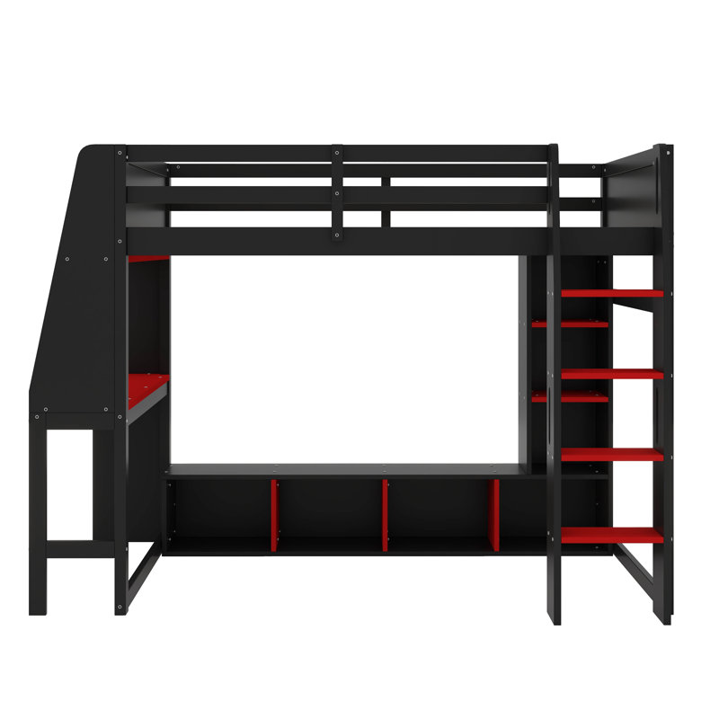 Lit mezzanine double avec bureau, lumières DEL et tablettes multi-rangements