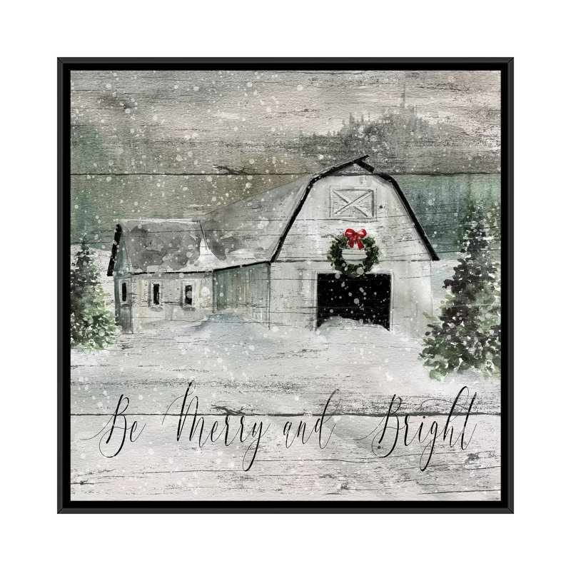 «Merry and Bright Barn» par Carol Robinson - reproduction imprimée, Toile avec cadre noir, Pas de tapis