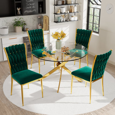 Velvet Dining Chairs Set - Woven Dining Room Chairs with Metal Legs- Modern Upholstered Accent Chair for Dining Room, Kitchen, Vanity, and Living Room