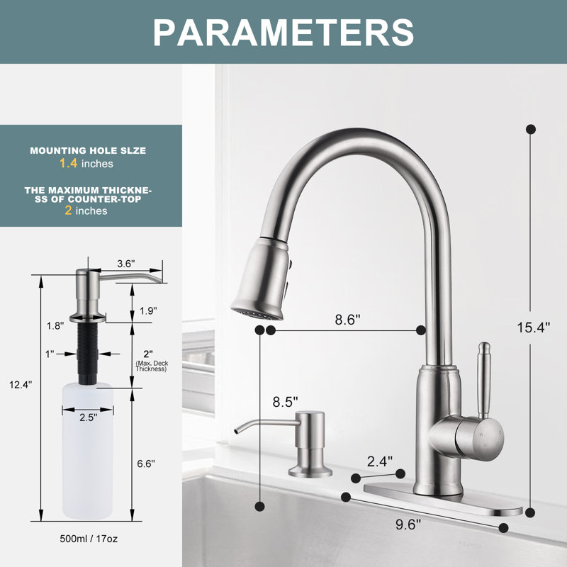 Brushed Nickel Stainless Steel Pull-Down Kitchen Faucet with Soap Dispenser
