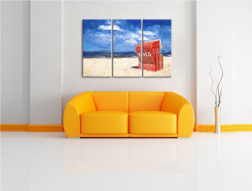 3-tlg. Leinwandbilder-Set „Strandkorb am Meer“, Kunstdruck