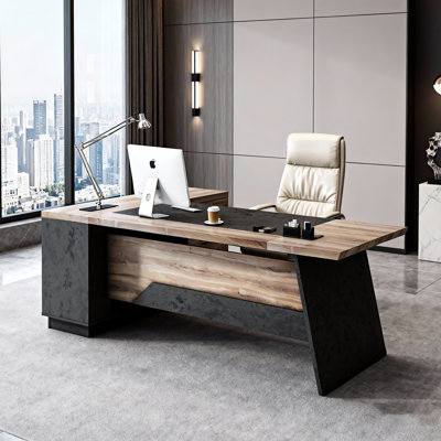 78.74" L-Shaped Executive Desk with Power Outlet, USB & Type C Ports, Home Office Computer Desk with Drawers, Cabinet and Open Storage, Wood & Black Finish