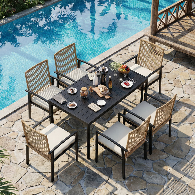 Ensemble repas d'extérieur pour 6 personnes avec table en aluminium et chaises en osier résistantes aux intempéries
