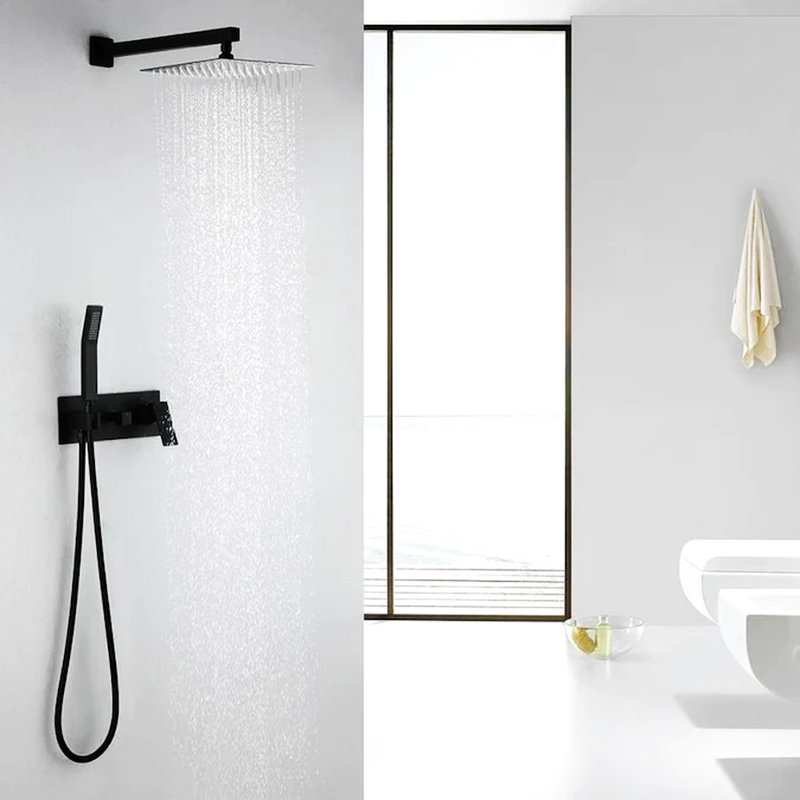 Douche noire matte pour la salle de bain - Laiton, avec deux têtes et un inverseur de débit mural de 1,5 gallon par minute