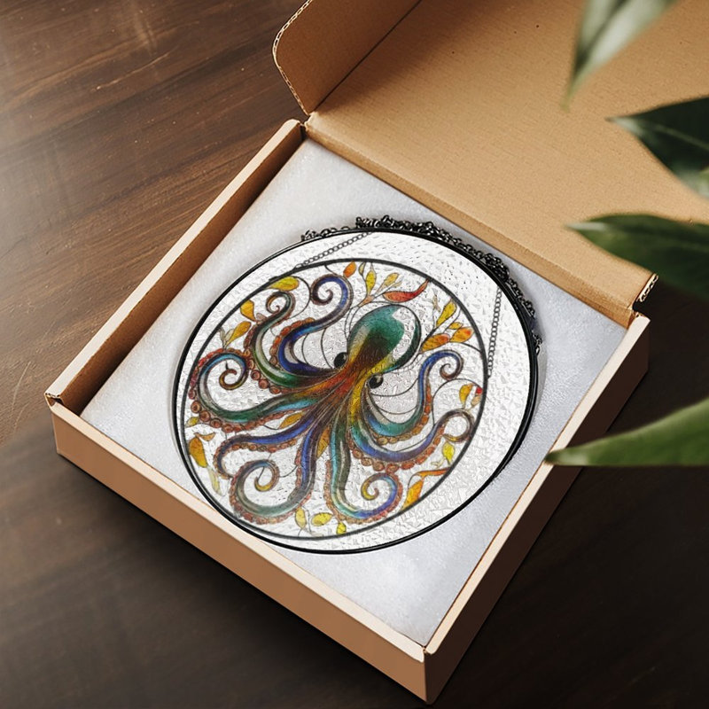 Pieuvre colorée avec tentacules tourbillonnants et panneaux de vitrail pour fenêtre, 11.8x11.8in(30x30cm)