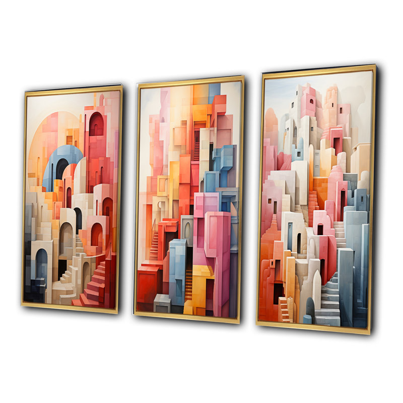 "Constructivism Construit Horizons IX" 3 - Pièces sur toile, H 28 po x l 36 po, Encadrement doré
