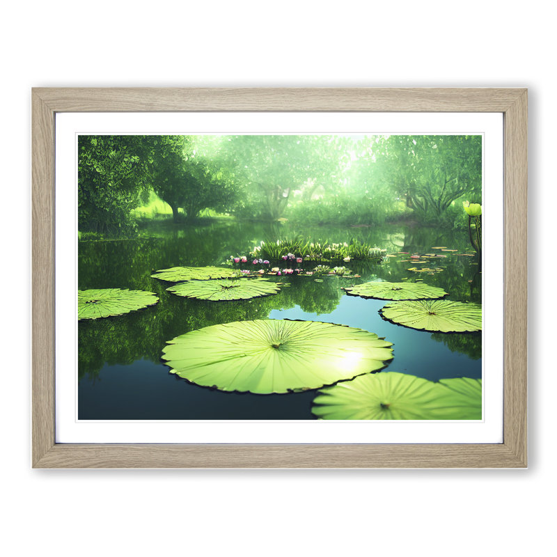 Blissful Water Lily Pond - Single Picture Frame Print, Oak, 46cm H x 64cm W x 2cm D