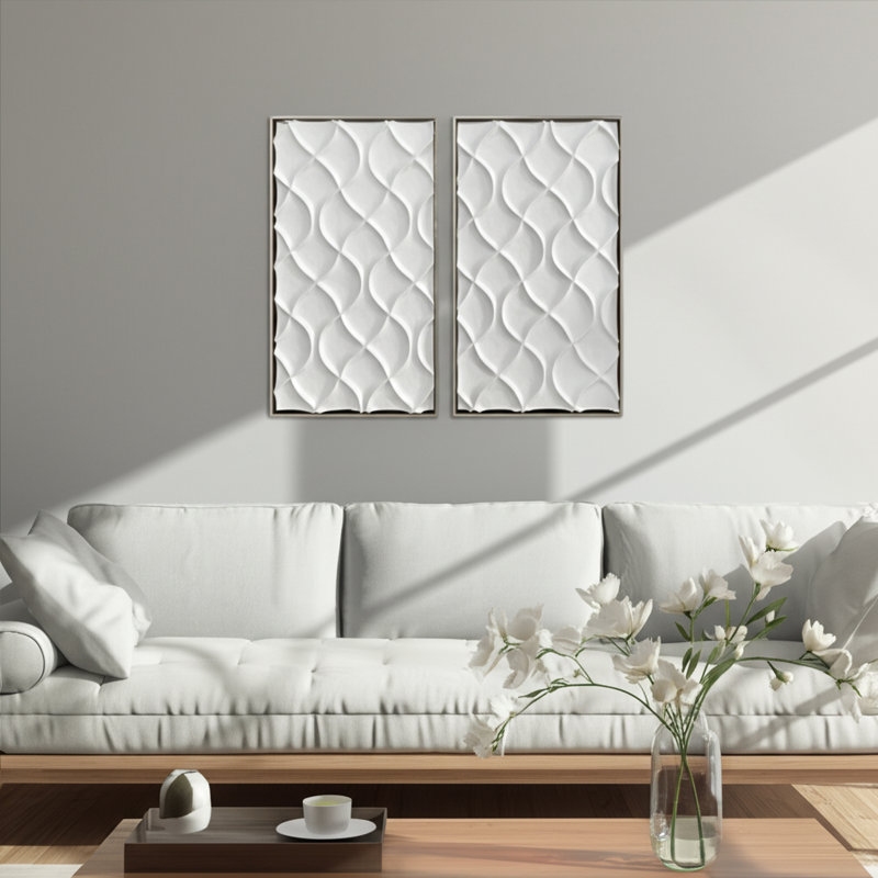 Décoration murale moderne en plâtre avec motif géométrique - Toile abstraite contemporaine, idéale pour décorer les murs - ensemble de 2, 40 po, blanc