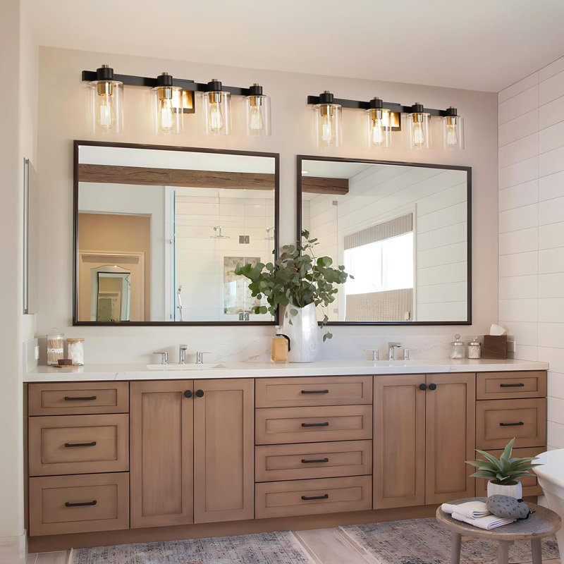 31.5" Large Bathroom Vanity Light Fixture - 4 Light Black And Gold Wall Sconce With Clear Glass Shade For Farmhouse Bathroom Mirror Lighting In Living Room, Dressing Room, Hallway